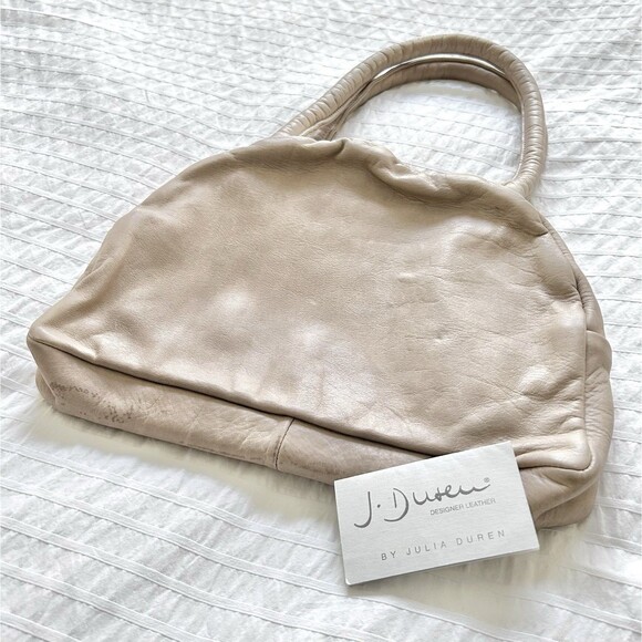 Vintage Julia Duren Beige Leather Handbag Rain Guarded USA Made - Picture 3 of 16